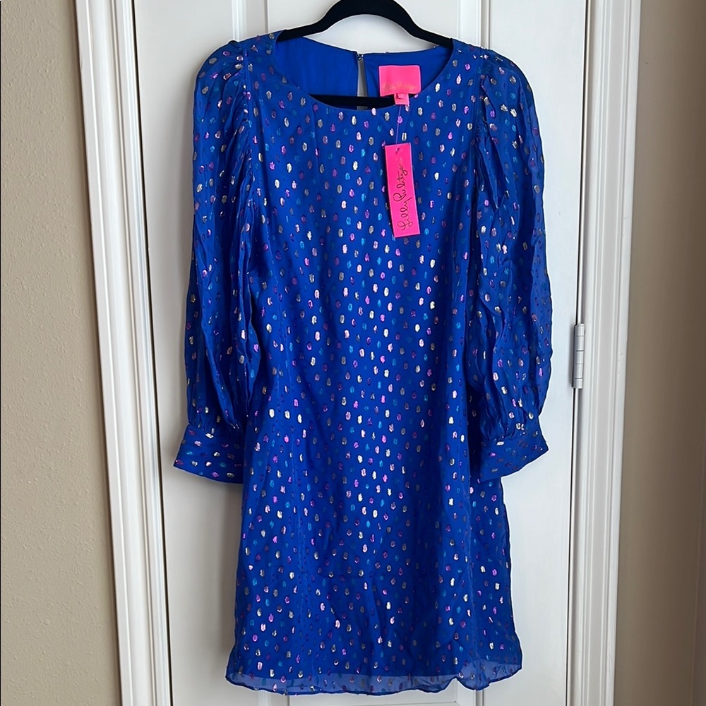 Lilly Pulitzer Maisel Silk Dress Blue Moroccan Metallic Clip